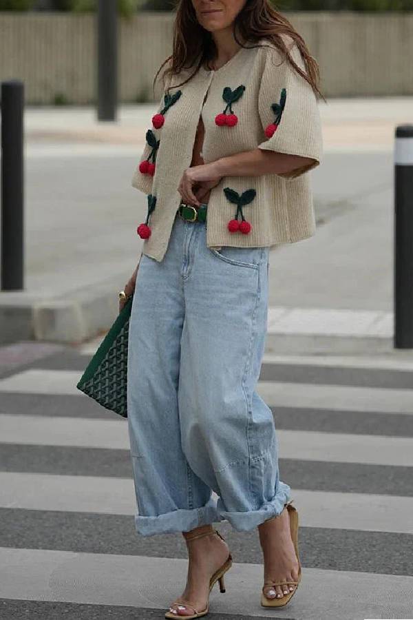 Amy Victoria | Short-sleeved button-down decorative cherry knit sweater