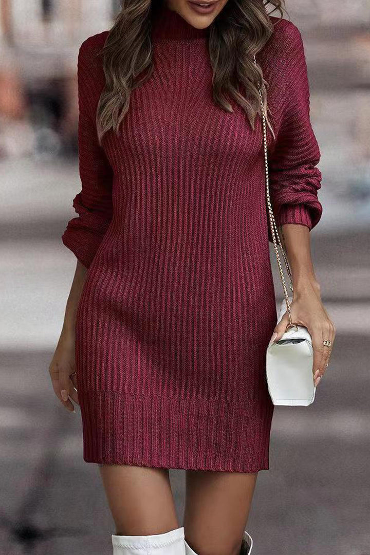 Amy Victoria | Casual Solid Patchwork Dress with Turtleneck and Tiered Skirt