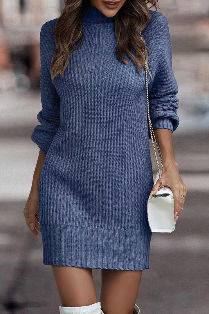 Amy Victoria | Casual Solid Patchwork Dress with Turtleneck and Tiered Skirt