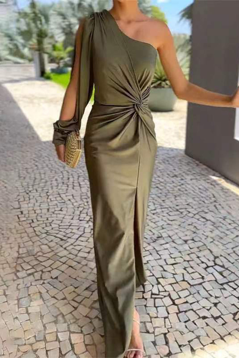Amy Victoria | Solid color ruched long dress with slant shoulder and slit