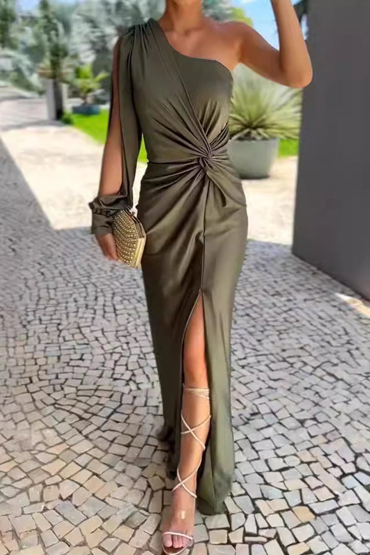 Amy Victoria | Solid color ruched long dress with slant shoulder and slit