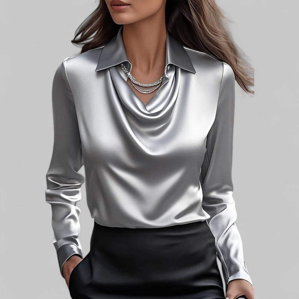 Amy Victoria | Women’s Draped Neck Long Sleeve Satin Blouse