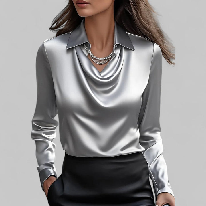Amy Victoria | Women’s Draped Neck Long Sleeve Satin Blouse