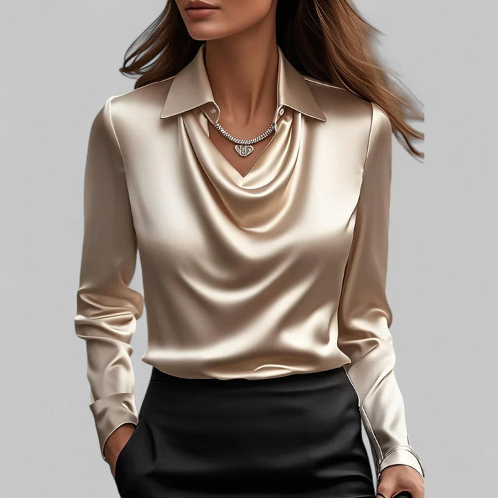 Amy Victoria | Women’s Draped Neck Long Sleeve Satin Blouse
