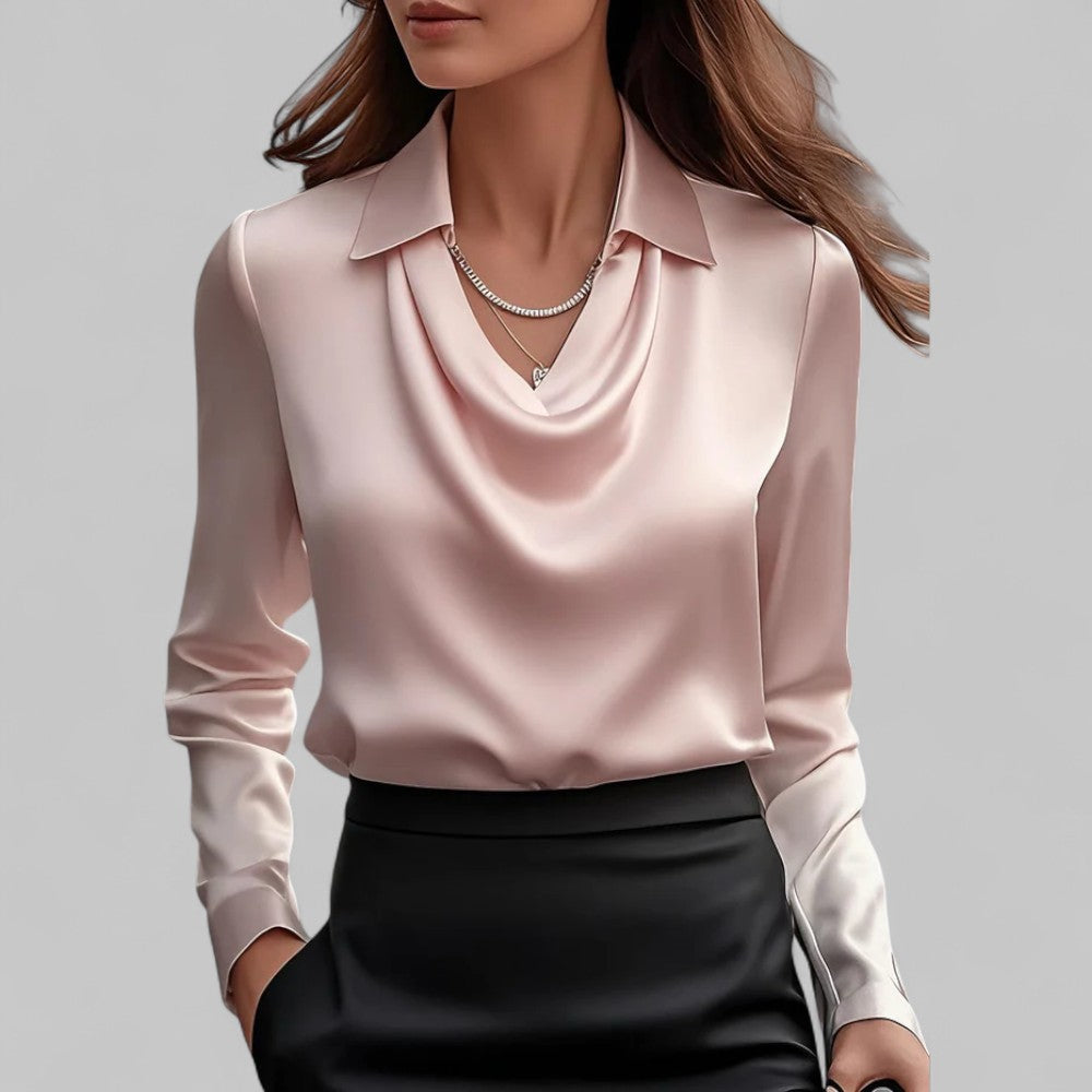 Amy Victoria | Women’s Draped Neck Long Sleeve Satin Blouse