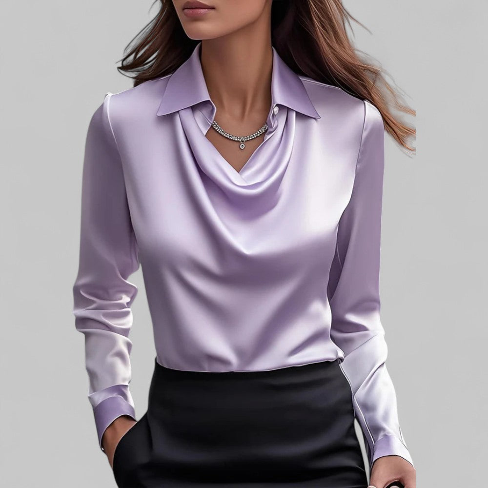 Amy Victoria | Women’s Draped Neck Long Sleeve Satin Blouse