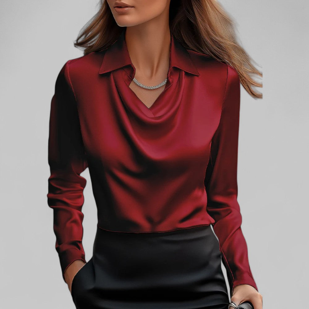 Amy Victoria | Women’s Draped Neck Long Sleeve Satin Blouse