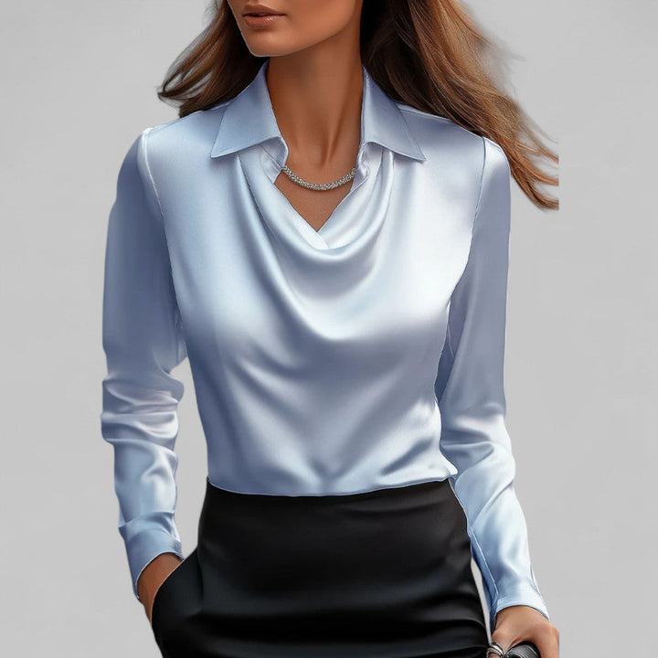 Amy Victoria | Women’s Draped Neck Long Sleeve Satin Blouse