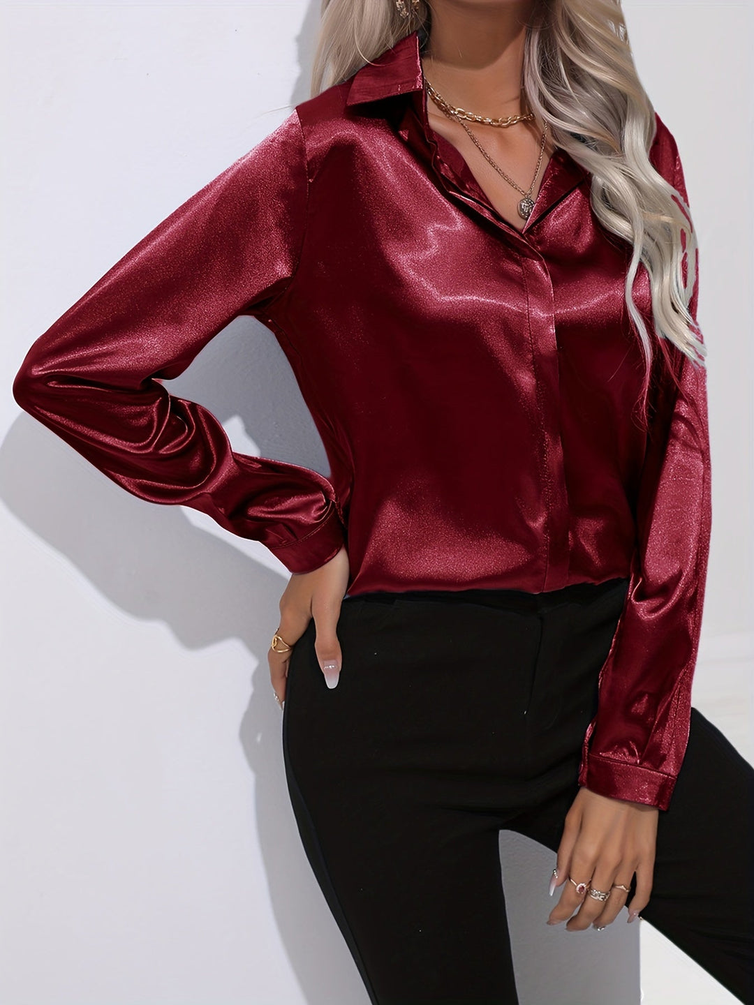 Amy Victoria | Women’s Button Down Long Sleeve Satin Blouse