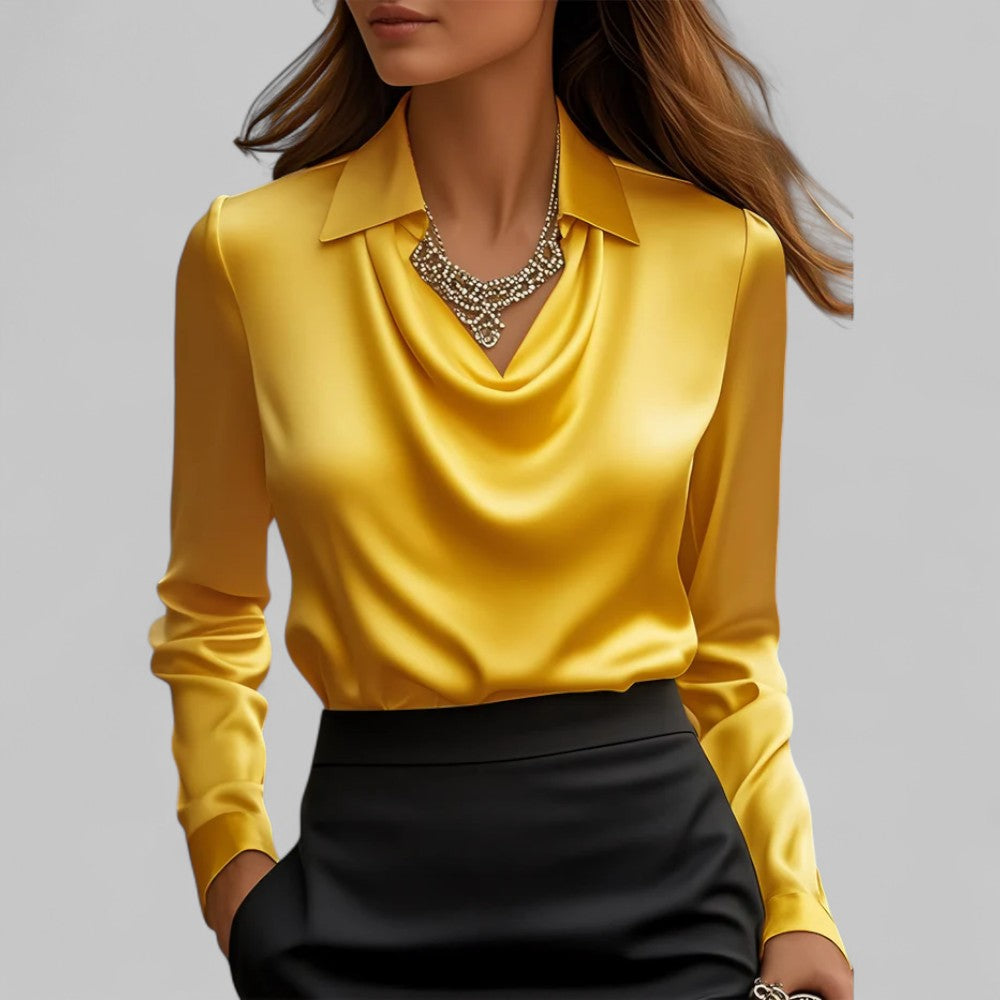 Amy Victoria | Women’s Draped Neck Long Sleeve Satin Blouse