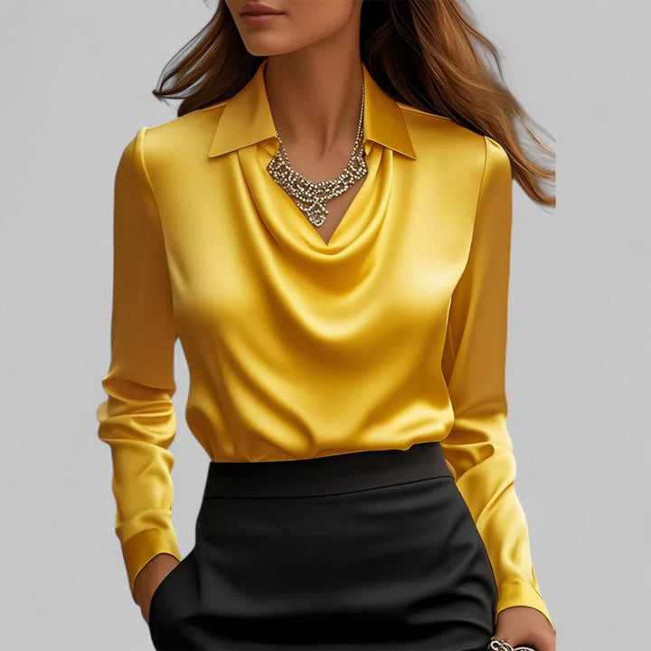 Amy Victoria | Women’s Draped Neck Long Sleeve Satin Blouse