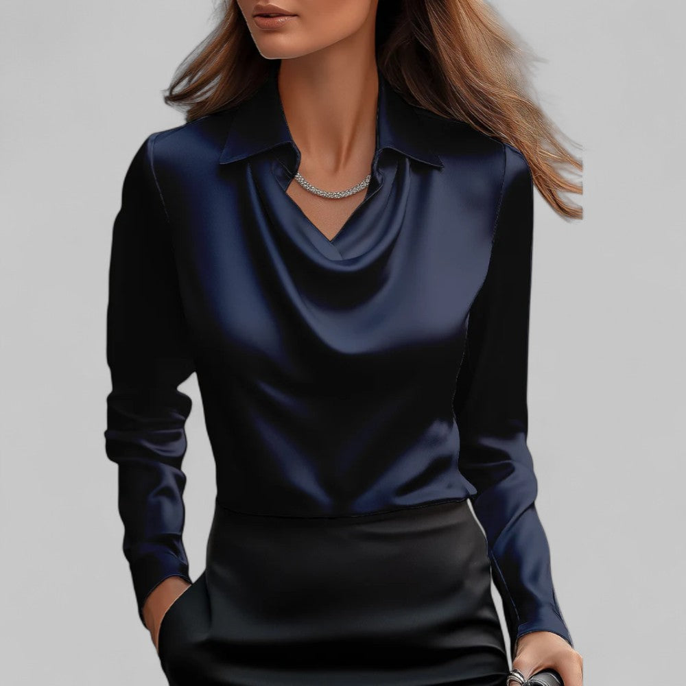 Amy Victoria | Women’s Draped Neck Long Sleeve Satin Blouse