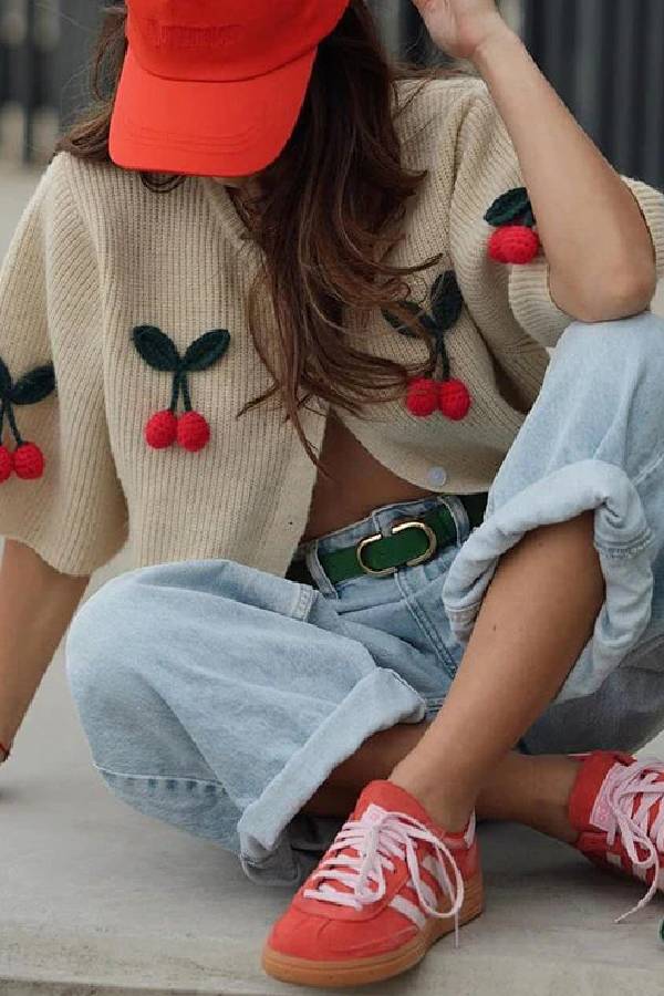 Amy Victoria | Short-sleeved button-down decorative cherry knit sweater