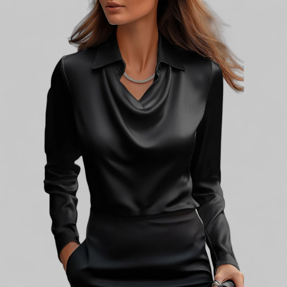 Amy Victoria | Women’s Draped Neck Long Sleeve Satin Blouse