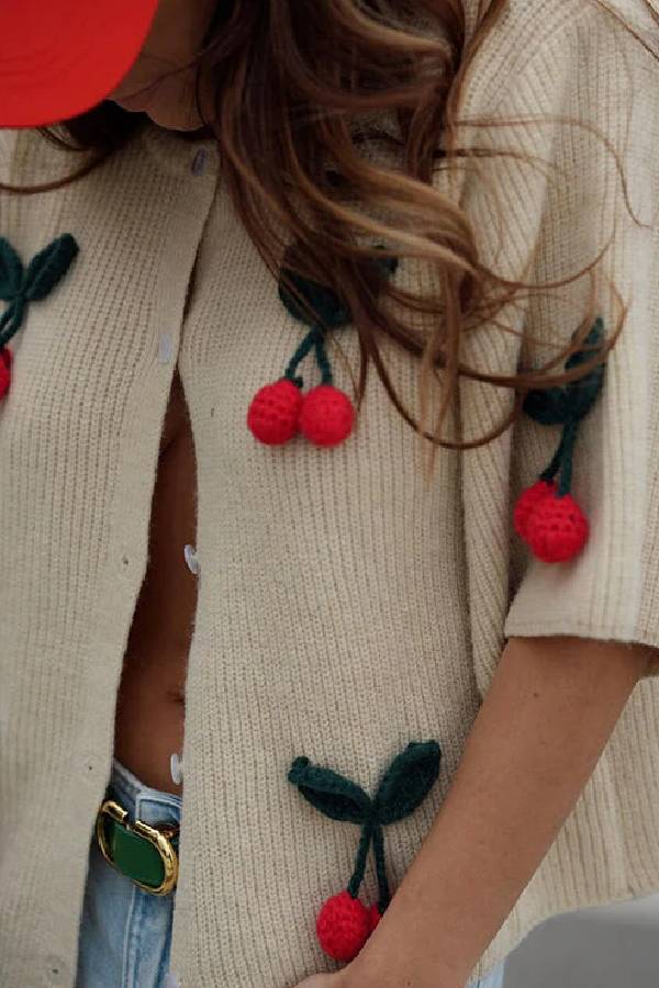 Amy Victoria | Short-sleeved button-down decorative cherry knit sweater