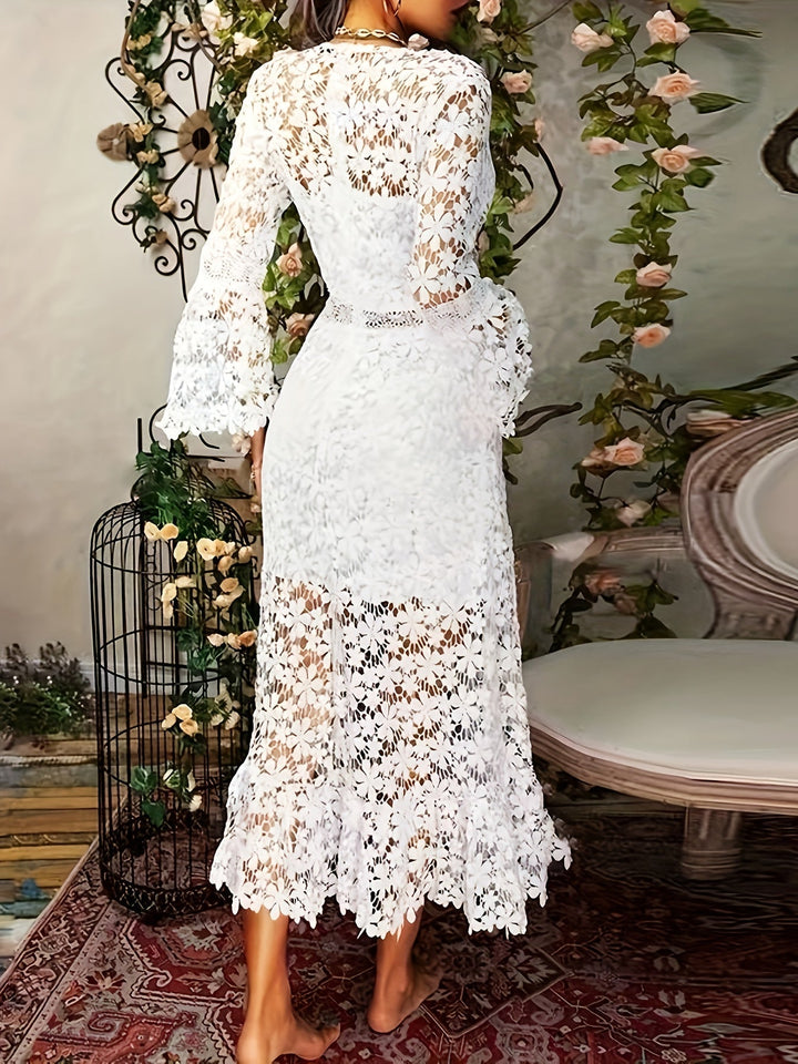 Amy Victoria | Cotton Guipure Lace V-Neck Long Sleeve Apron Dress