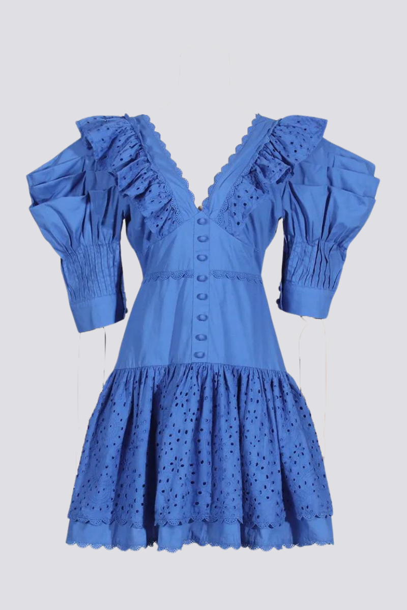 Amy Victoria | Backless Mini Dress, Ruffles, Plunging Neckline