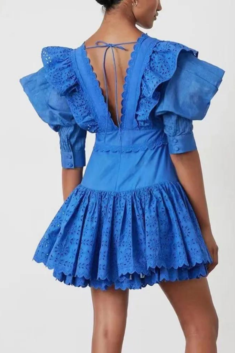 Amy Victoria | Backless Mini Dress, Ruffles, Plunging Neckline