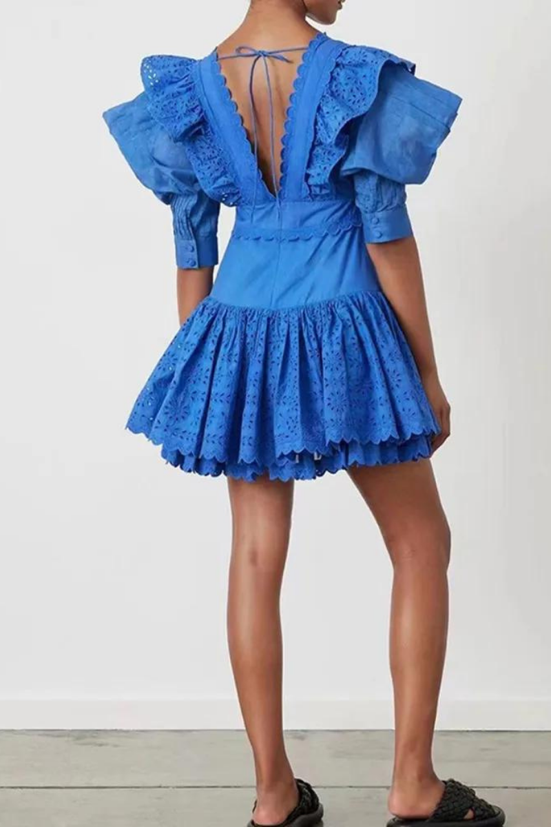 Amy Victoria | Backless Mini Dress, Ruffles, Plunging Neckline