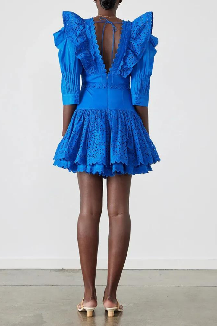 Amy Victoria | Backless Mini Dress, Ruffles, Plunging Neckline