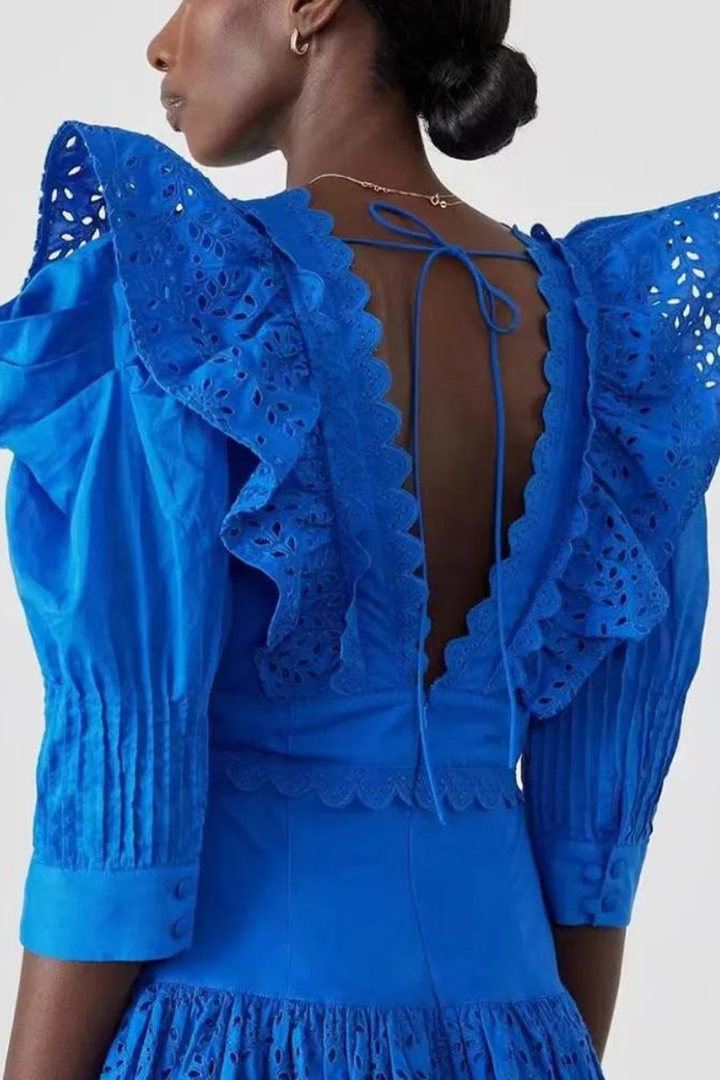 Amy Victoria | Backless Mini Dress, Ruffles, Plunging Neckline