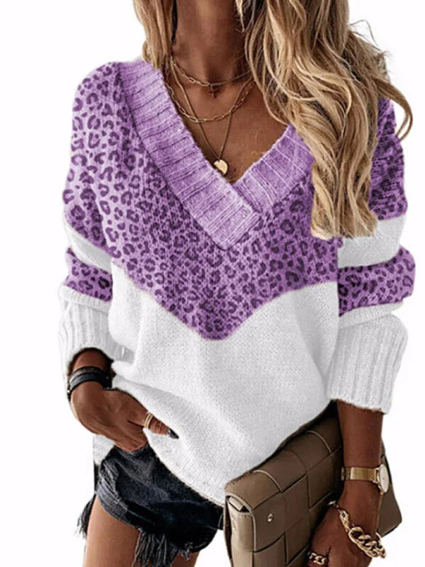 Amy Victoria | V-neck sweater in leopard print with color blocks