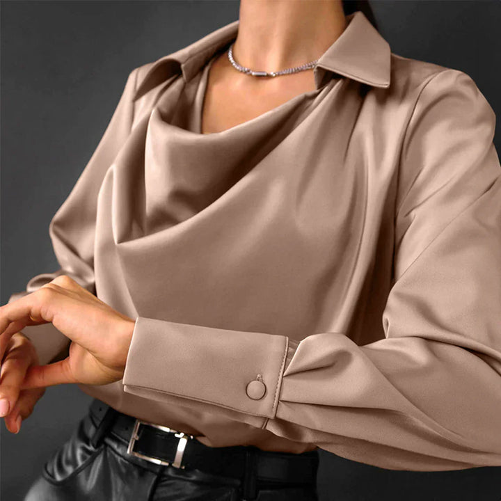 Amy Victoria | Women's Drape Neck Long Sleeve Satin Blouse