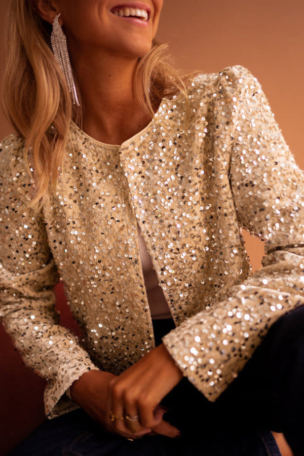 Amy Victoria | Short jacket in gold sequined fleece with open front