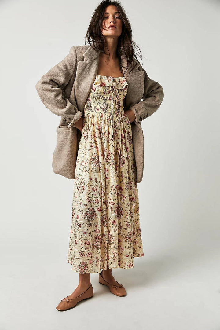 Amy Victoria | Printed midi dress, ruched bodice, ruffles