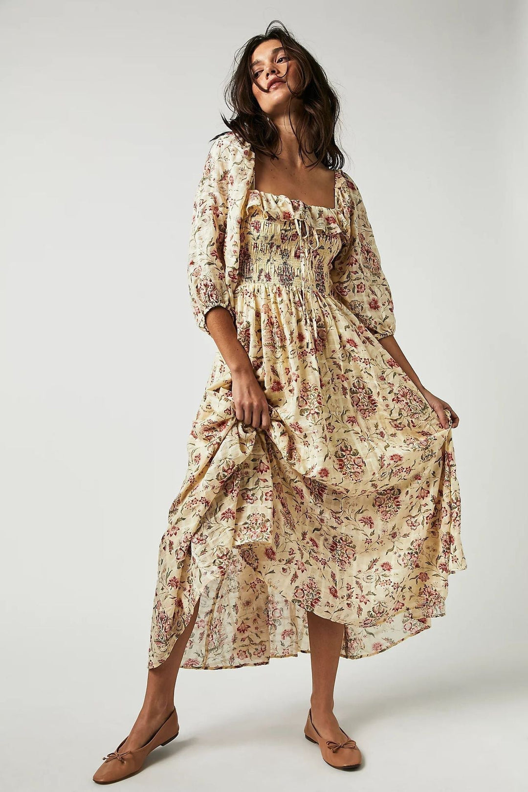 Amy Victoria | Printed midi dress, ruched bodice, ruffles