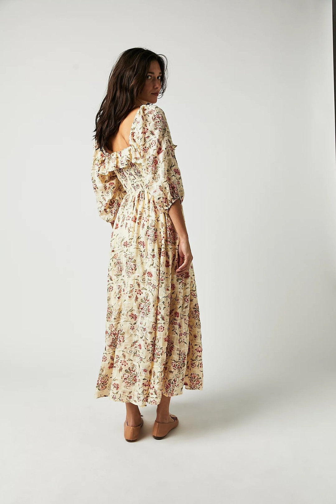Amy Victoria | Printed midi dress, ruched bodice, ruffles