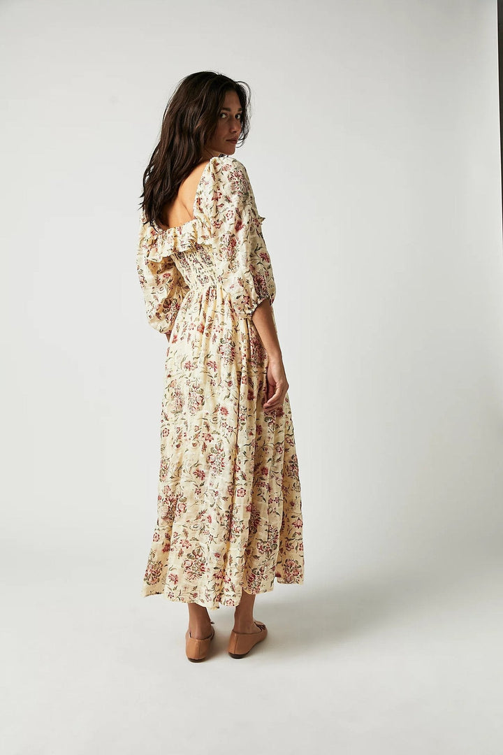 Amy Victoria | Printed midi dress, ruched bodice, ruffles