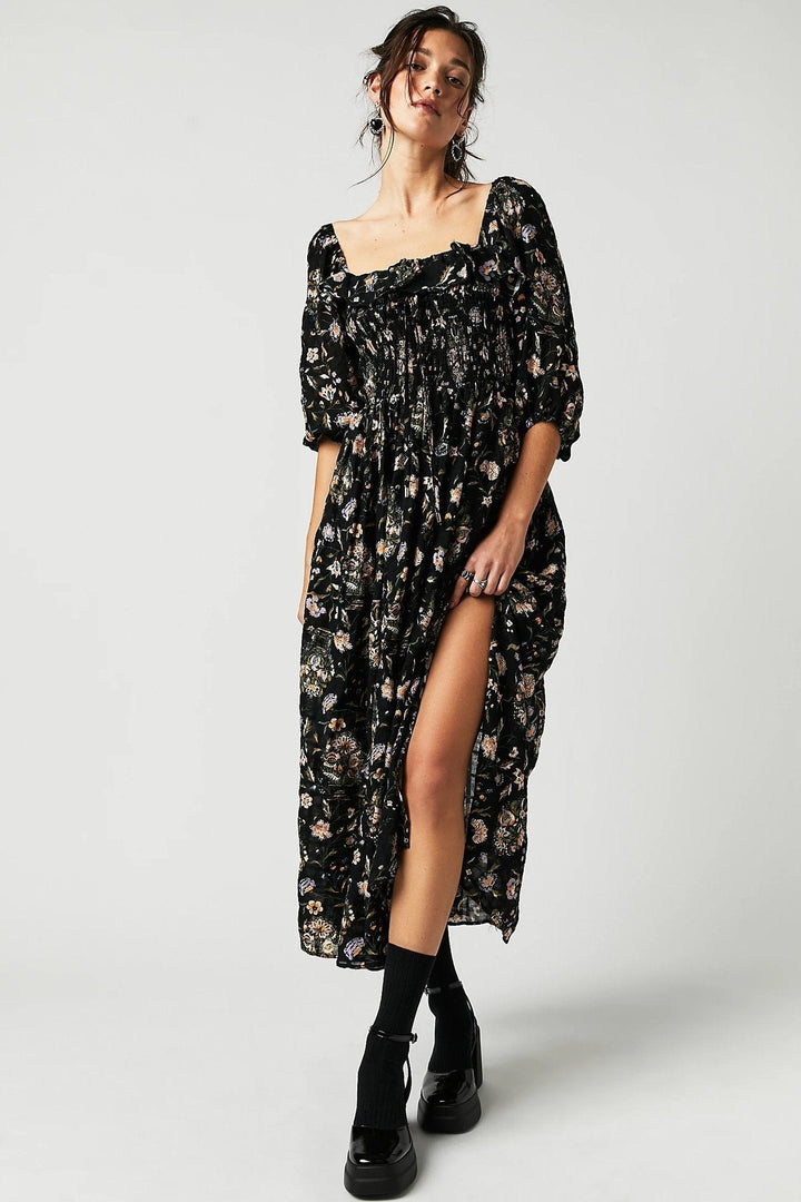 Amy Victoria | Printed midi dress, ruched bodice, ruffles