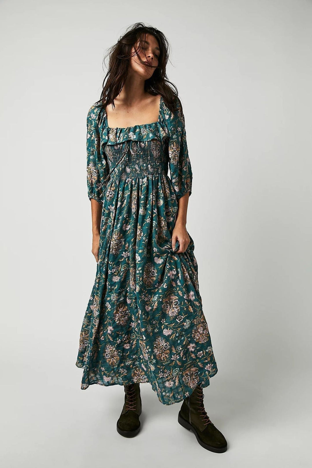 Amy Victoria | Printed midi dress, ruched bodice, ruffles