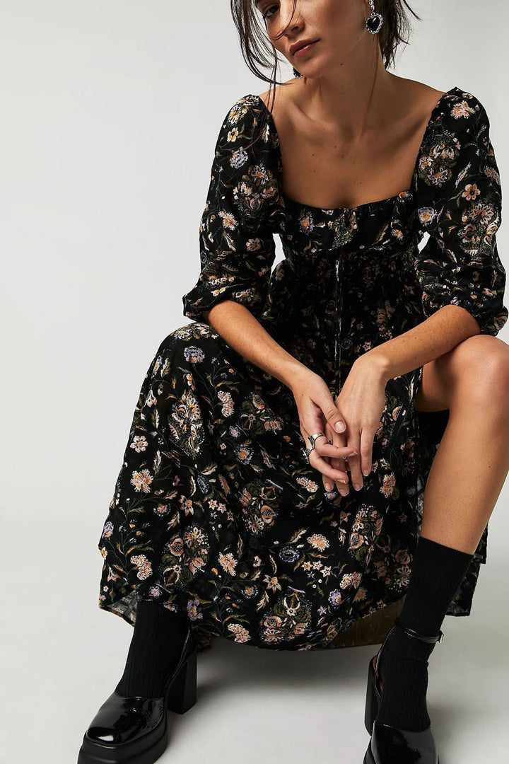Amy Victoria | Printed midi dress, ruched bodice, ruffles