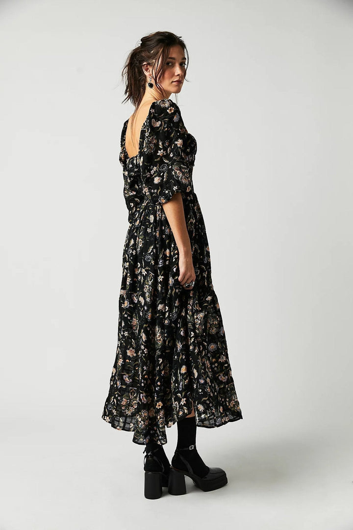 Amy Victoria | Printed midi dress, ruched bodice, ruffles