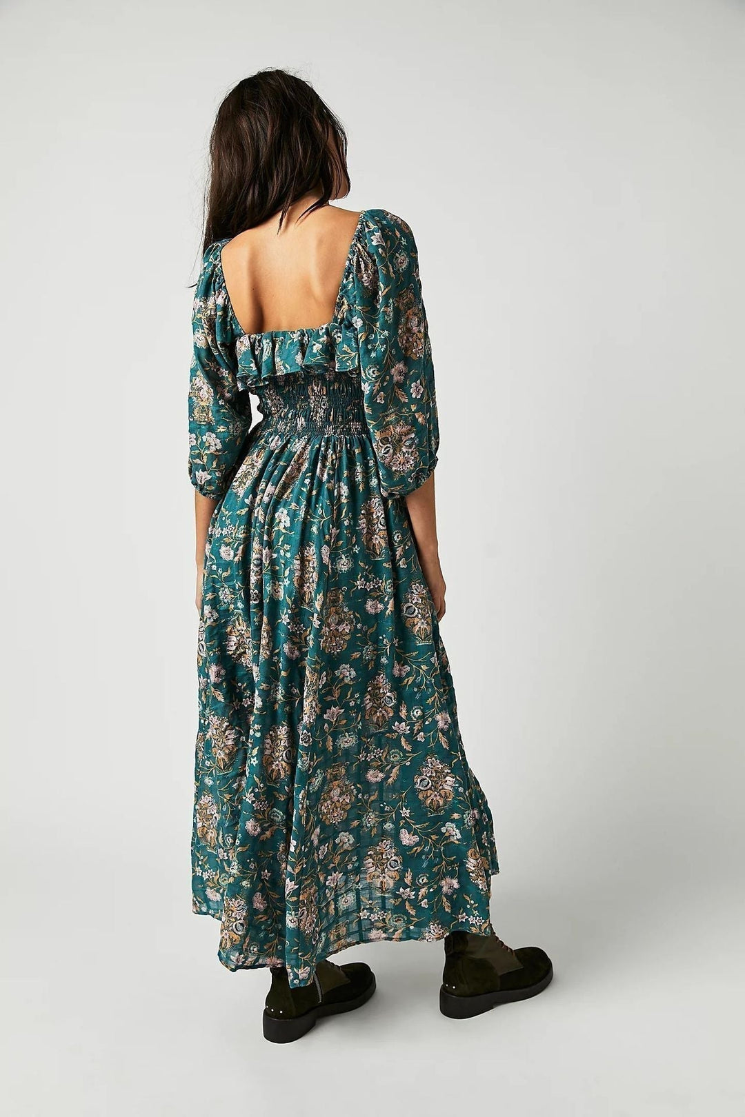 Amy Victoria | Printed midi dress, ruched bodice, ruffles
