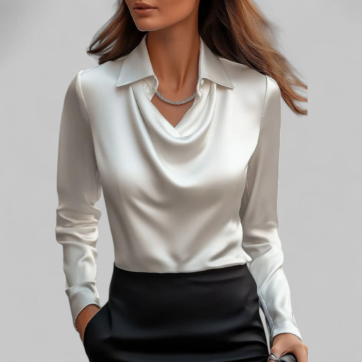 Amy Victoria | Women’s Draped Neck Long Sleeve Satin Blouse